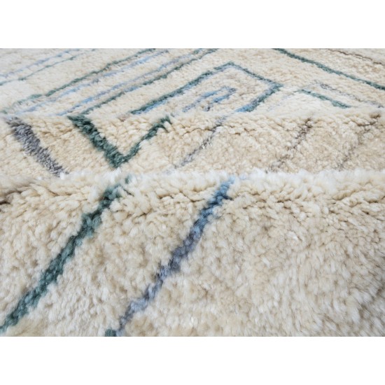 Contemporary Hand Knotted Tulu Rug in Dull marine blue, Pastel, Mid blue, Chocolate and Peacock blue colors, 100% Wool, Custom Options Available