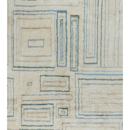 Contemporary Hand Knotted Tulu Rug in Dull marine blue, Pastel, Mid blue, Chocolate and Peacock blue colors, 100% Wool, Custom Options Available