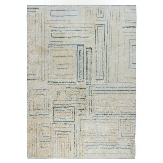 Contemporary Hand Knotted Tulu Rug in Dull marine blue, Pastel, Mid blue, Chocolate and Peacock blue colors, 100% Wool, Custom Options Available