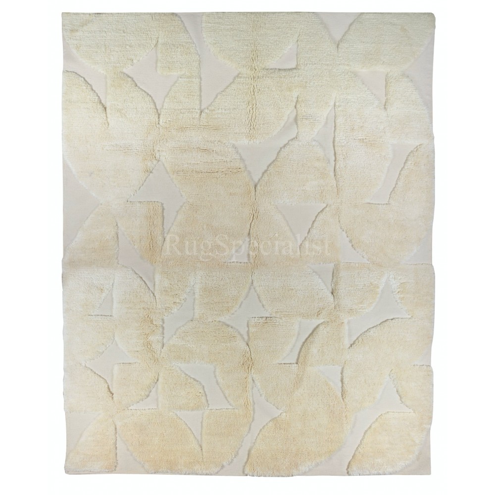 High and Low Pile Moroccan Tulu Rug, 100% Natural Beige Wool, Custom Options Available