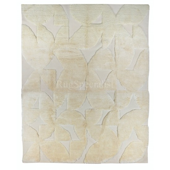 High and Low Pile Moroccan Tulu Rug, 100% Natural Beige Wool, Custom Options Available 