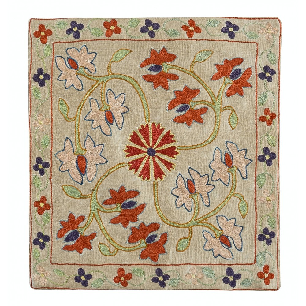 Suzani Textile Cushion Cover, 100% Silk, Floral Pattern Asian Pillowcase, Hand Embroidered Lace Pillow