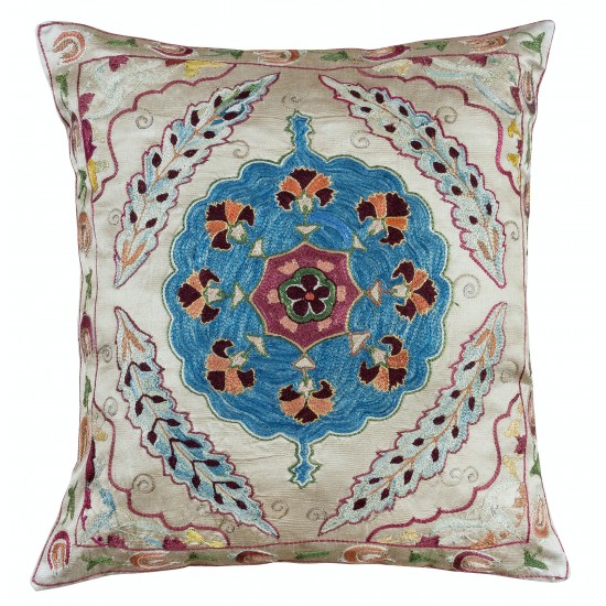 Hand Embroidered 100% Silk Cushion Cover, Uzbek Suzani Lace Pillow for Living Room Decor