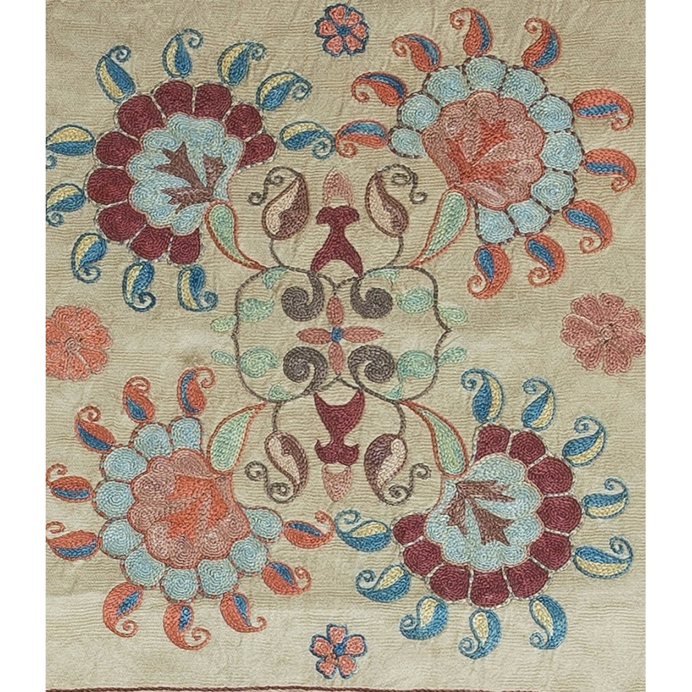 Multicolor Hand Embroidered 100% Silk Cushion Cover, Uzbek Suzani Lace Pillow for Living Room Decor