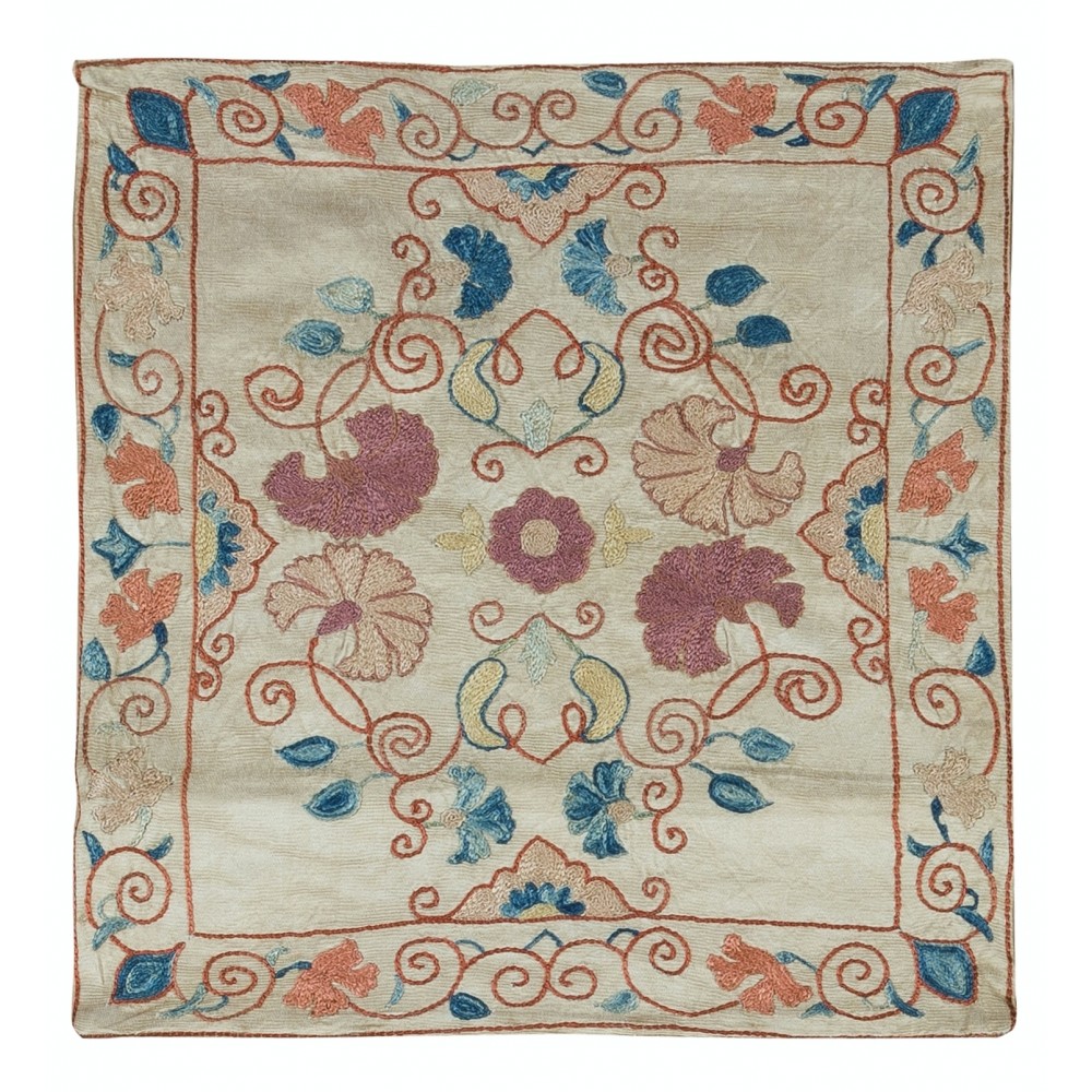 Central Asian Suzani Textile Throw Pillow, 100% Silk Cushion Cover, Hand Embroidery Pillowcase
