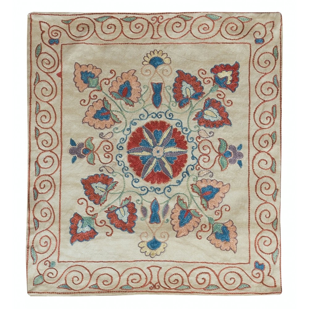 100% Silk Suzani Cushion Cover, Decorative Hand Embroidered Lace Pillow, Uzbek Pillow