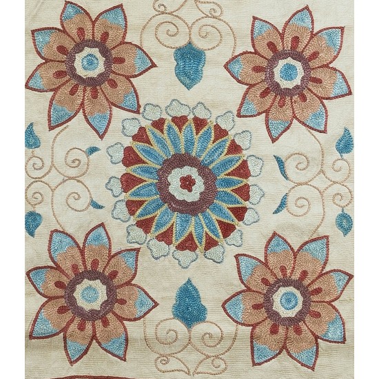 100% Silk Floral Suzani Cushion Cover, Colorful Hand Embroidered Lace Pillow from Uzbekistan