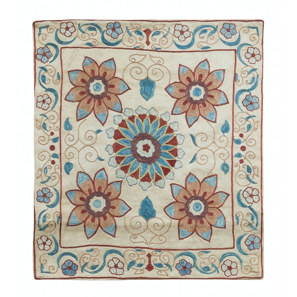 100% Silk Floral Suzani Cushion Cover, Colorful Hand Embroidered Lace Pillow from Uzbekistan