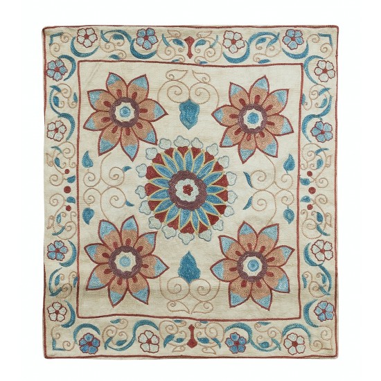 100% Silk Floral Suzani Cushion Cover, Colorful Hand Embroidered Lace Pillow from Uzbekistan