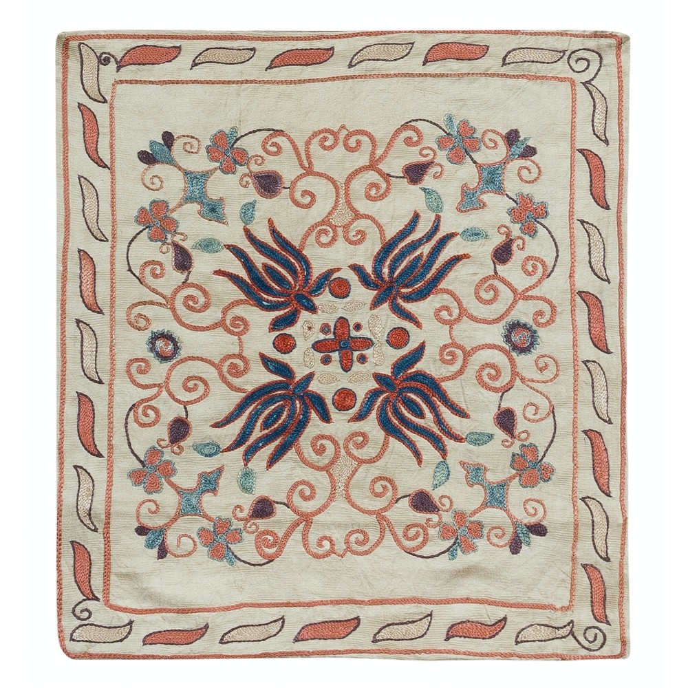 100% Silk Suzani Cushion Cover, Decorative Hand Embroidered Lace Pillow, Uzbek Pillow