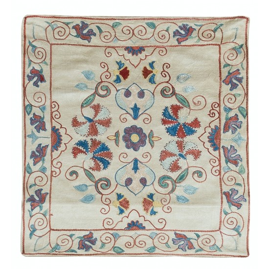 Uzbek Suzani Fabric Throw Pillow, 100% Silk Cushion Cover, Hand Embroidery Toss Pillow