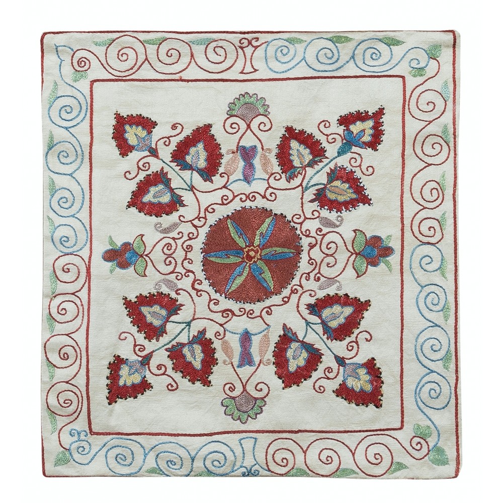 Central Asian Suzani Textile Throw Pillow, 100% Silk Cushion Cover, Hand Embroidery Pillowcase