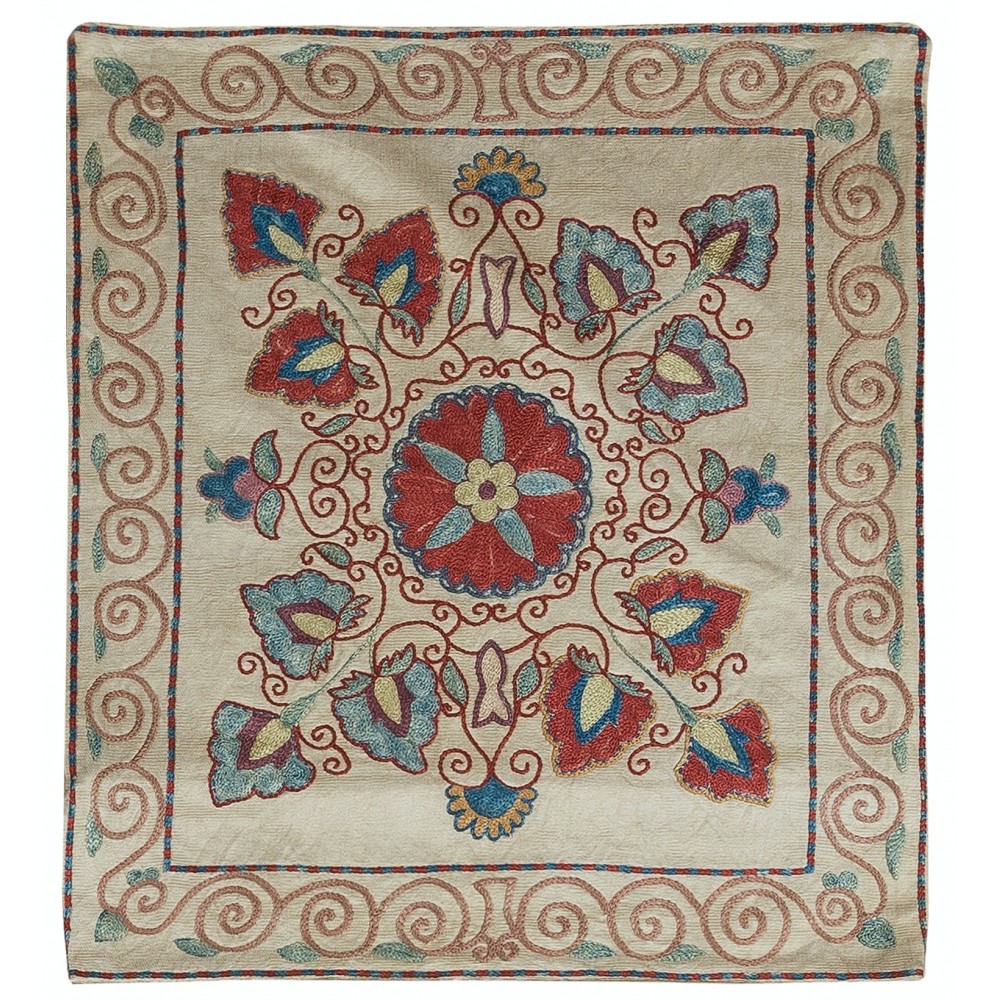 Modern Handmade 100% Silk Cushion Cover From Uzbekistan, Floral Hand Embroidered Suzani Lace Pillow
