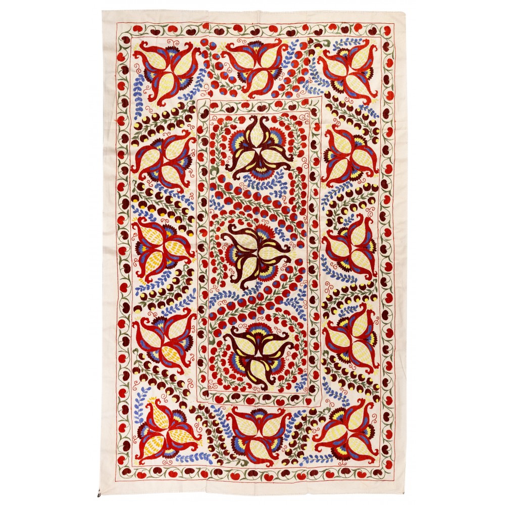 New Uzbek Suzani Textile. Embroidered Cotton & Silk Bed Cover