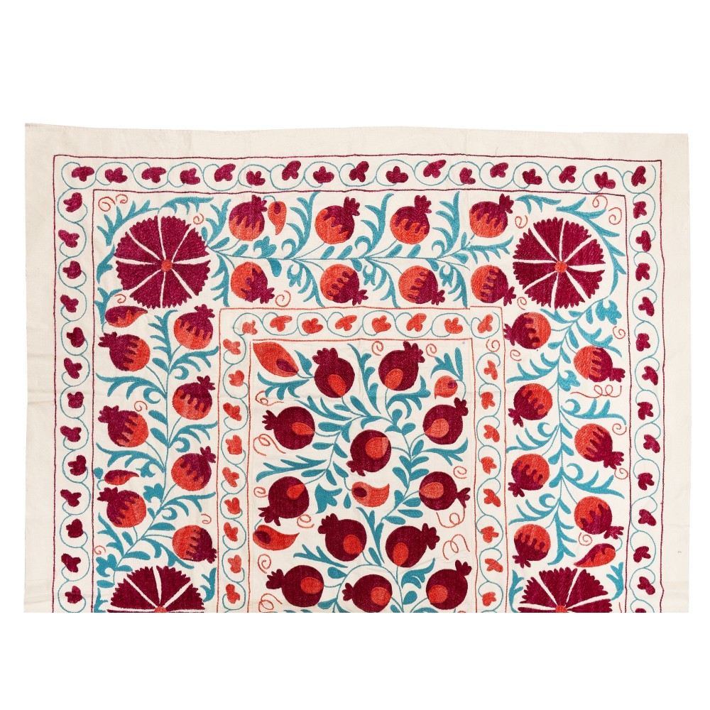 Silk Suzani Pomegranate Tree Design Bed Cover, Embroidered Wall Hanging from Uzbekistan