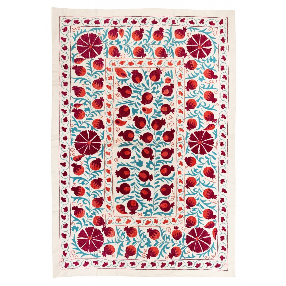 Silk Suzani Pomegranate Tree Design Bed Cover, Embroidered Wall Hanging from Uzbekistan
