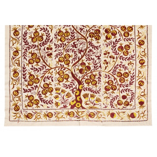 Silk Suzani Pomegranate Tree Design Bed Cover, Embroidered Wall Hanging from Uzbekistan