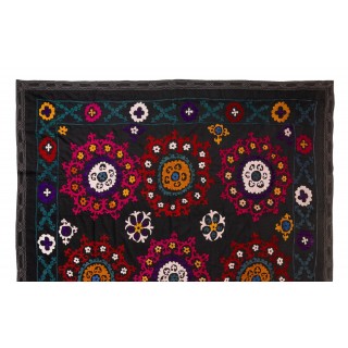 Vintage Silk Embroidery Bed Cover. Black Color Wall Hanging. Needlework Tablecloth. Home Gift