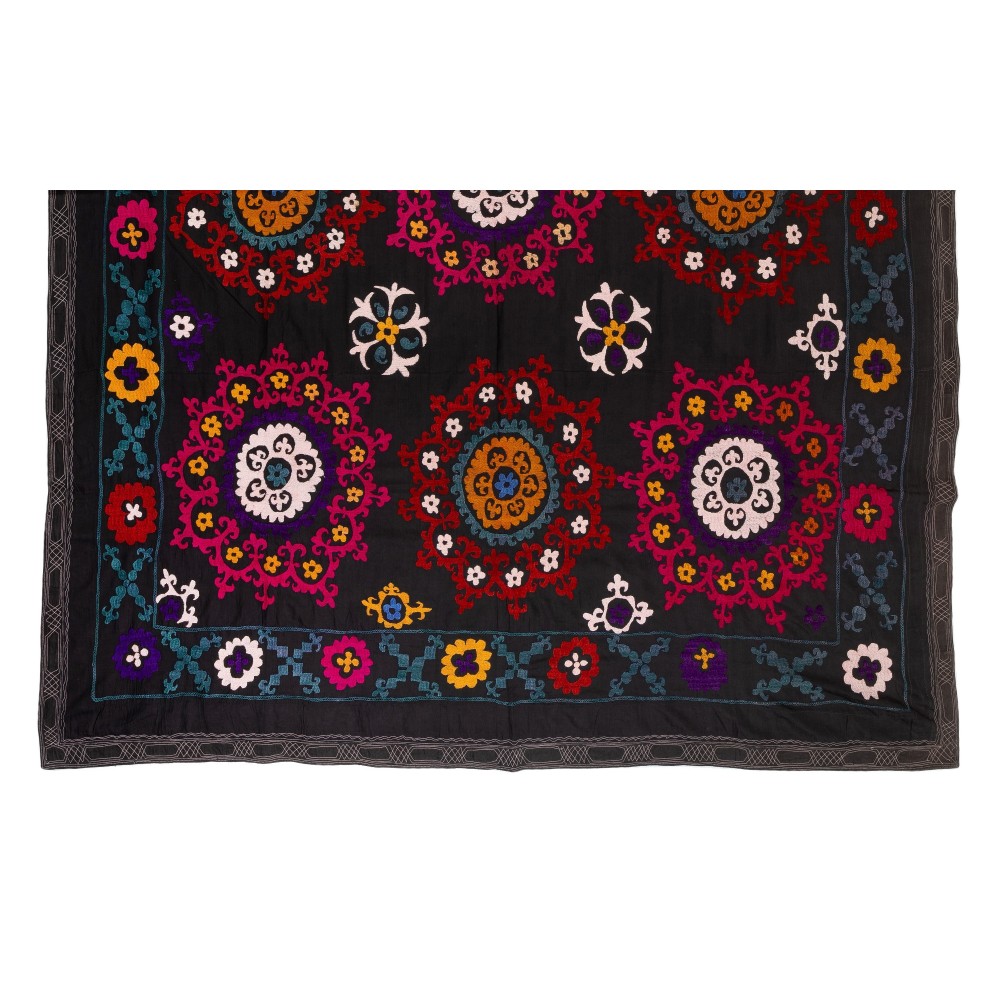 Silk Embroidery Bed Cover. Black Wall Hanging. Needlework Tablecloth, Home Gift