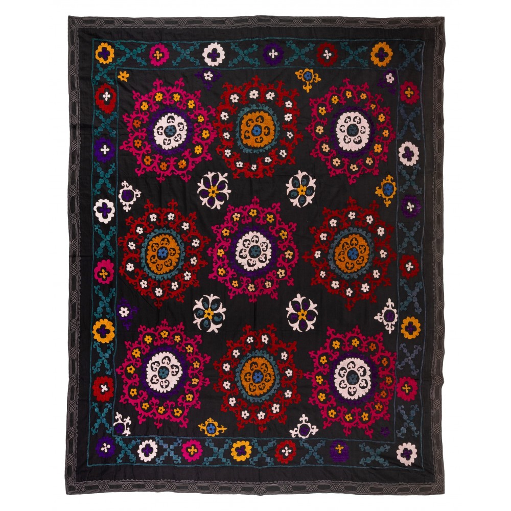 Silk Embroidery Bed Cover. Black Wall Hanging. Needlework Tablecloth, Home Gift