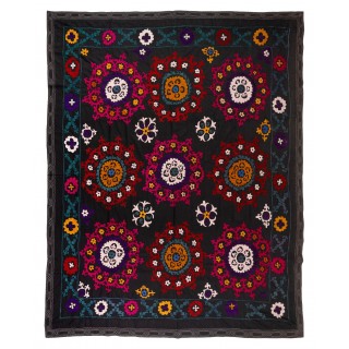 Vintage Silk Embroidery Bed Cover. Black Color Wall Hanging. Needlework Tablecloth. Home Gift
