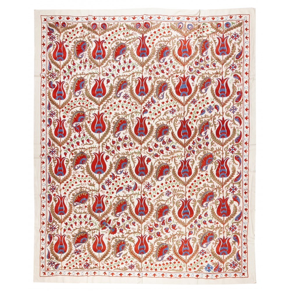 New Uzbek Suzani Textile. Embroidered Cotton & Silk Bed Cover