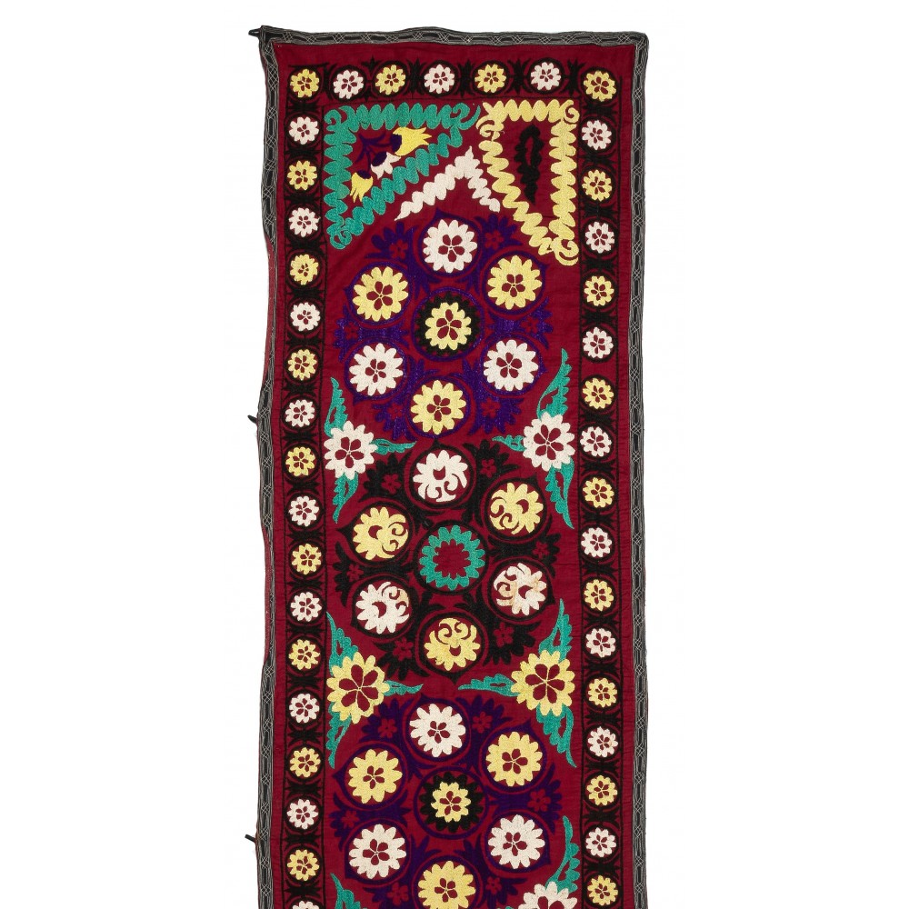 Silk Embroidery Long Table Runner in Burgundy Red, Vintage Wall Hanging