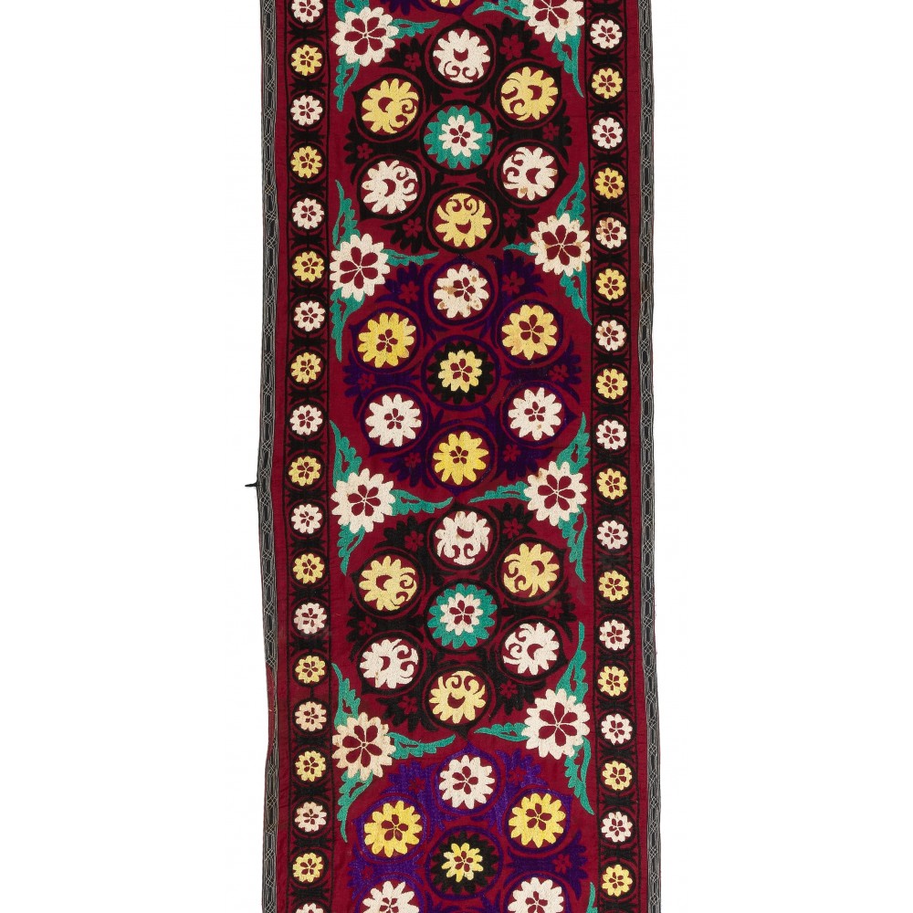 Silk Embroidery Long Table Runner in Burgundy Red, Vintage Wall Hanging