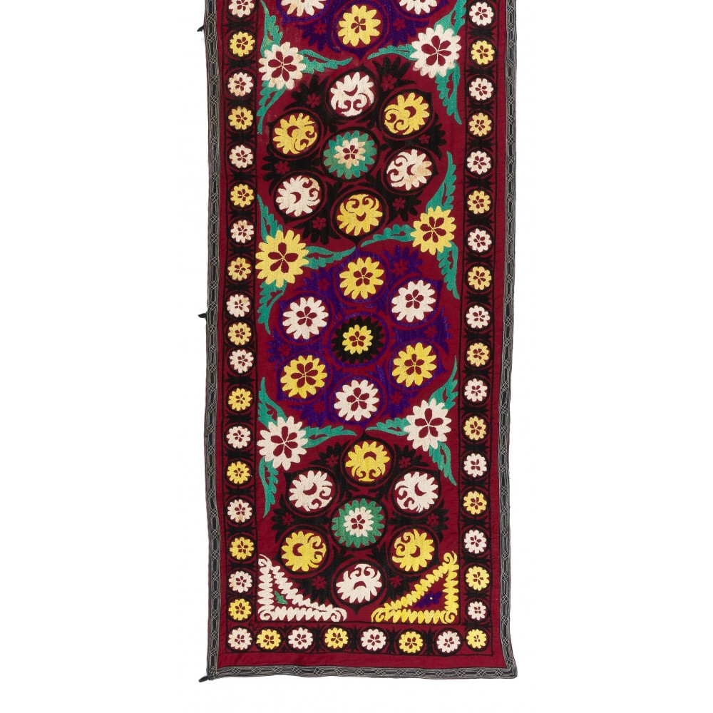Silk Embroidery Long Table Runner in Burgundy Red, Vintage Wall Hanging