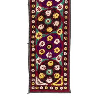 Silk Embroidery Long Table Runner in Burgundy Red. Vintage Wall Hanging
