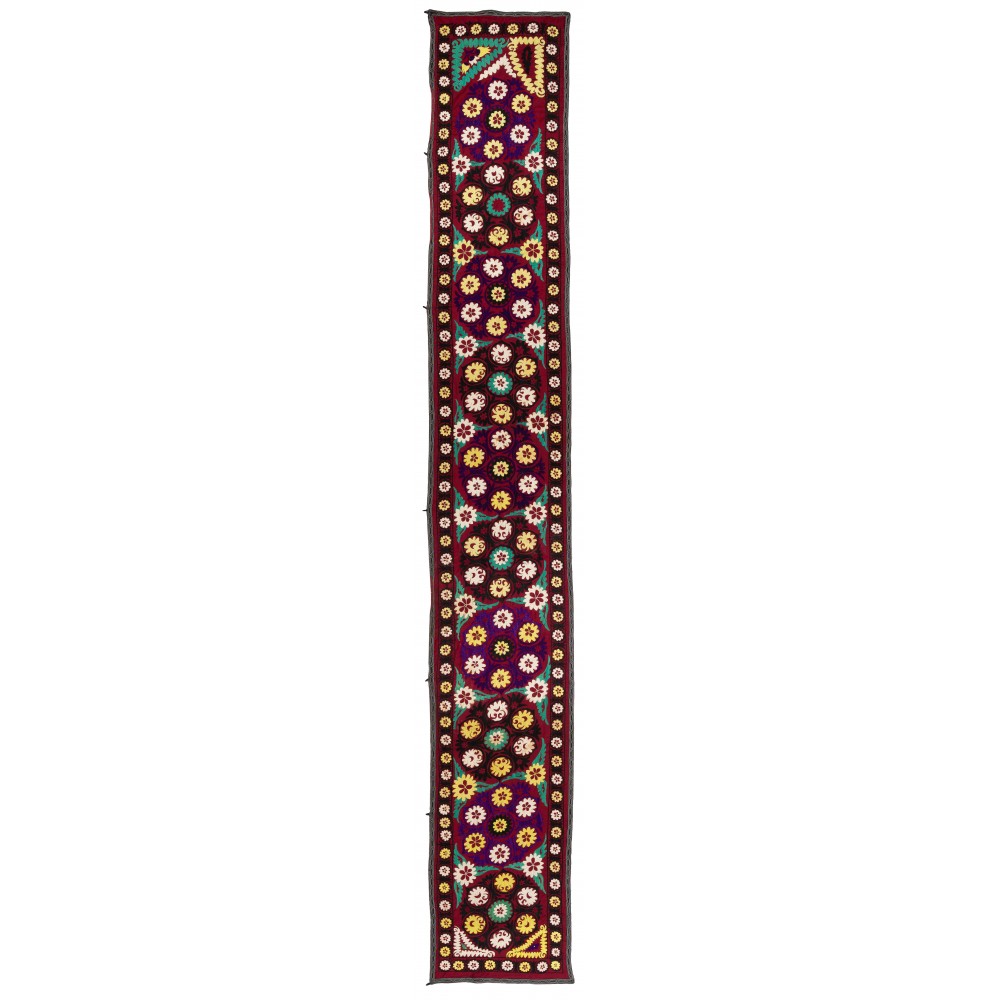 Silk Embroidery Long Table Runner in Burgundy Red, Vintage Wall Hanging