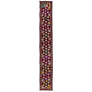 Silk Embroidery Long Table Runner in Burgundy Red. Vintage Wall Hanging