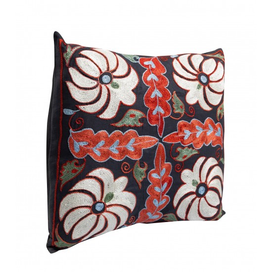 Decorative Silk Embroidered Suzani Cushion Cover, Handmade Toss Pillow in Black, White, Blue & Green