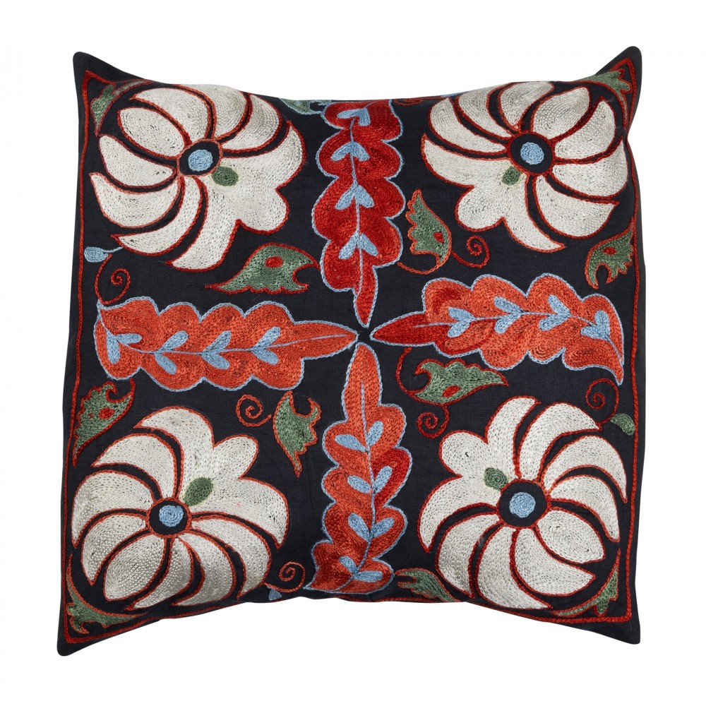 Decorative Silk Embroidered Suzani Cushion Cover, Handmade Toss Pillow in Black, White, Blue & Green