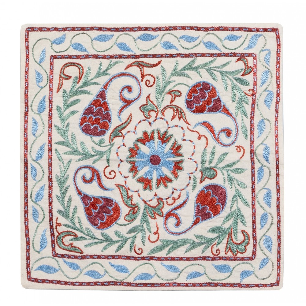 Embroidered Silk Suzani Cushion Cover, Uzbek Lace Pillow, Handmade Toss Pillow