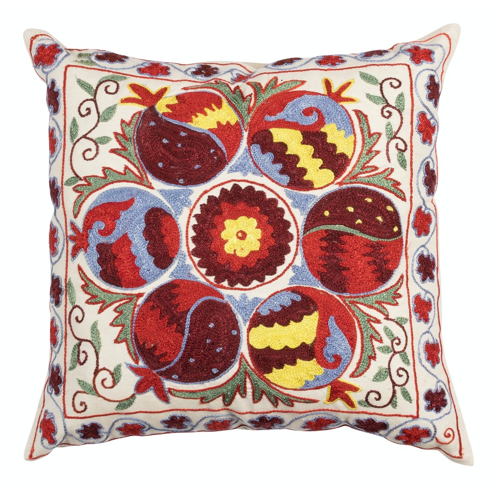 Silk Embroidery Cushion Cover. Modern Pillowcase, Suzani Textile Lace Pillow