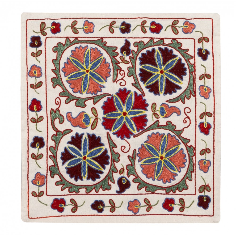 New Handmade Silk Embroidered Suzani Cushion Cover from Uzbekistan