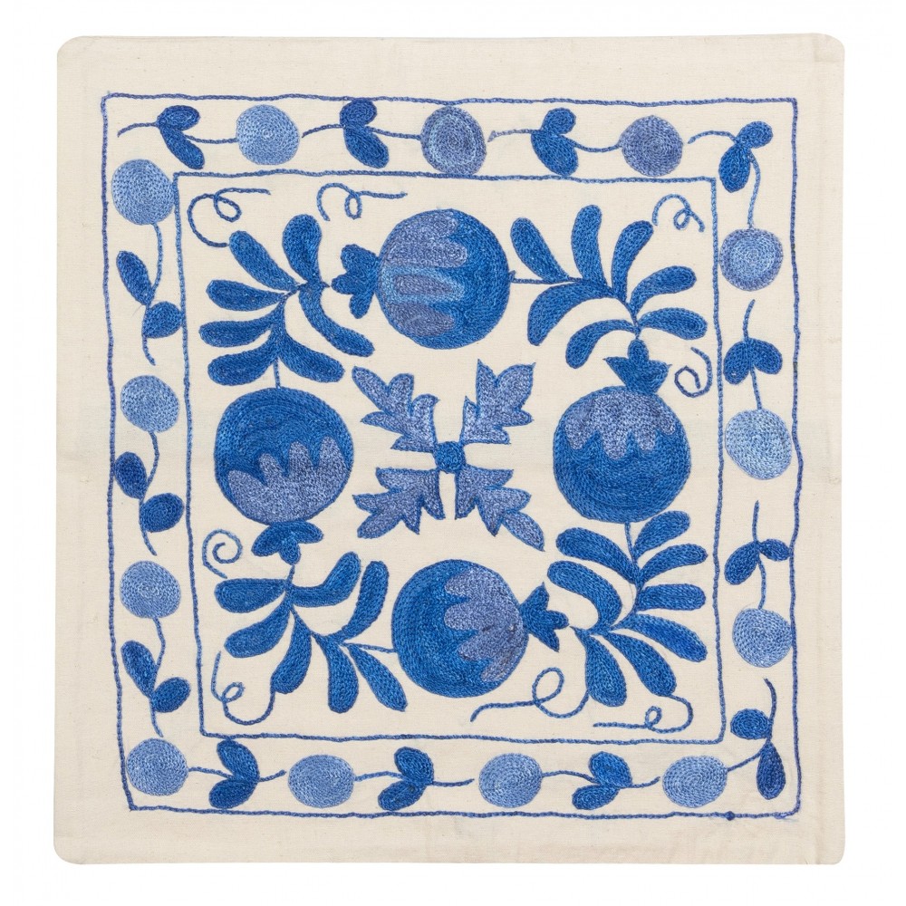 Modern Cushion Cover in Cream & Blue, Silk Embroidery Suzani Lace Pillow