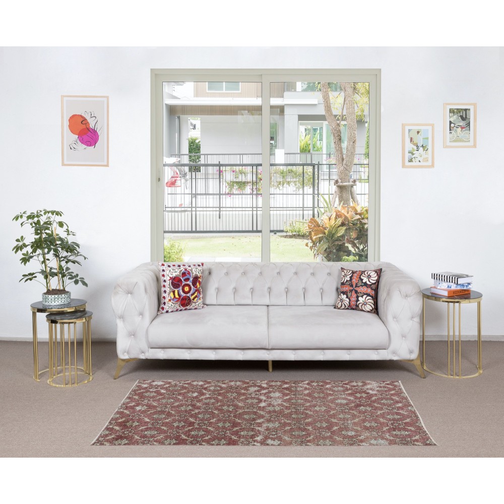 Small Handmade Turkish Rug in Barn Red & Beige, Kitchen Accent Rug, Bedroom Carpet
