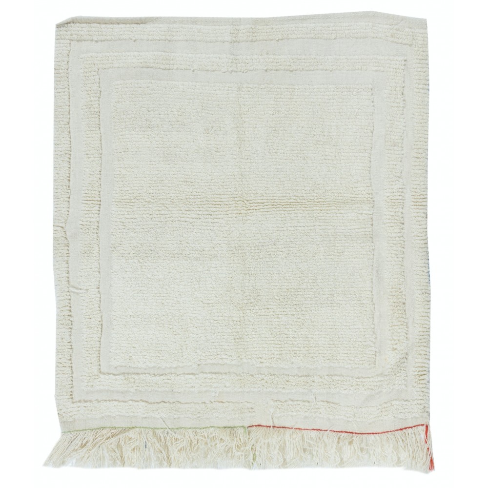 Vintage Anatolian Small Tulu Rug, 100% Natural Wool, Minimalist Plain Beige Accent Carpet