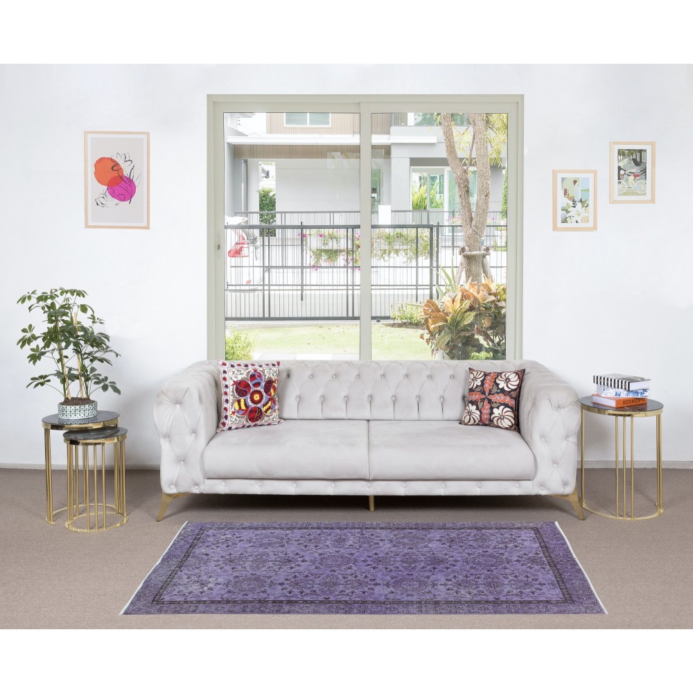 Modern Turkish Royal Purple Rug, Handmade Small Carpet, Upcycled Floor Covering