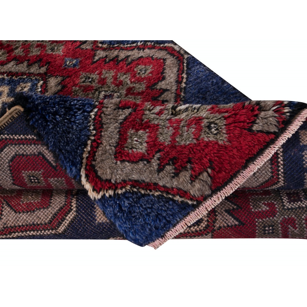 Hand Knotted "Tulu" Rug in Blue, Red & Light Brown. 100% Wool. Amazing Vintage Turkish Carpet