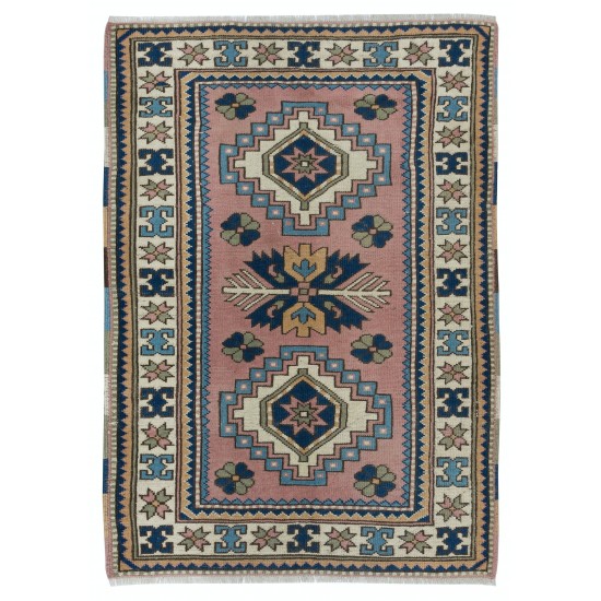 One of a Kind Vintage Hand Knotted Turkish Accent Rug with Geometric Design, 100% Wool