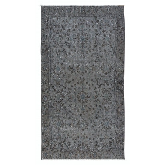 Turkish Handmade Rug with Teal Blue Details and Grey Field, Modern Home Decor Carpet