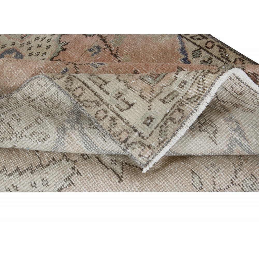 Hand Knotted Turkish Rug in Soft Red, Beige & Navy Blue, Vintage Carpet with Medallion