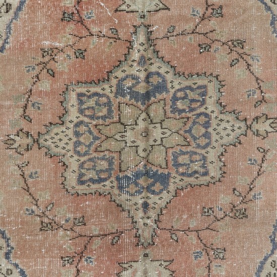 Hand Knotted Turkish Rug in Soft Red, Beige & Navy Blue, Vintage Carpet with Medallion