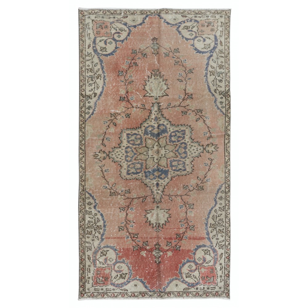 Hand Knotted Turkish Rug in Soft Red, Beige & Navy Blue, Vintage Carpet with Medallion