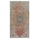 Hand Knotted Turkish Rug in Soft Red, Beige & Navy Blue, Vintage Carpet with Medallion