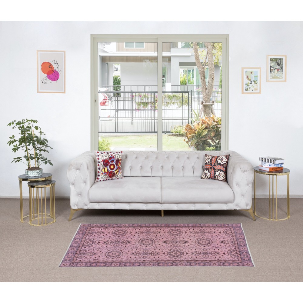Handmade Pink Rug with Italian Mediterranean Style, Contemporary Turkish Small Carpet