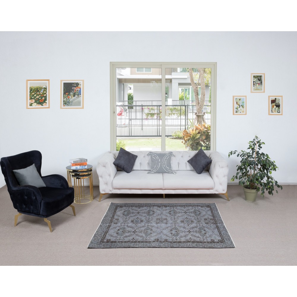 Handmade Turkish Accent Rug in Gray Tones, Low Pile Small Carpet, Modern Flower Design Floor Covering